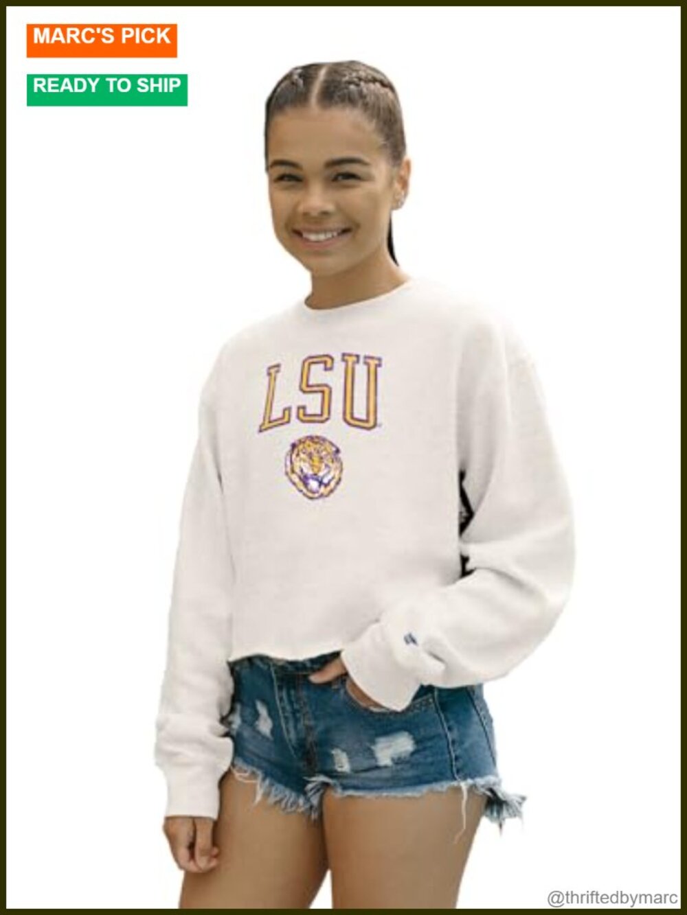 LSU Tigers Women's Crop Crewneck Sweatshirt Distressed Cotton Poly